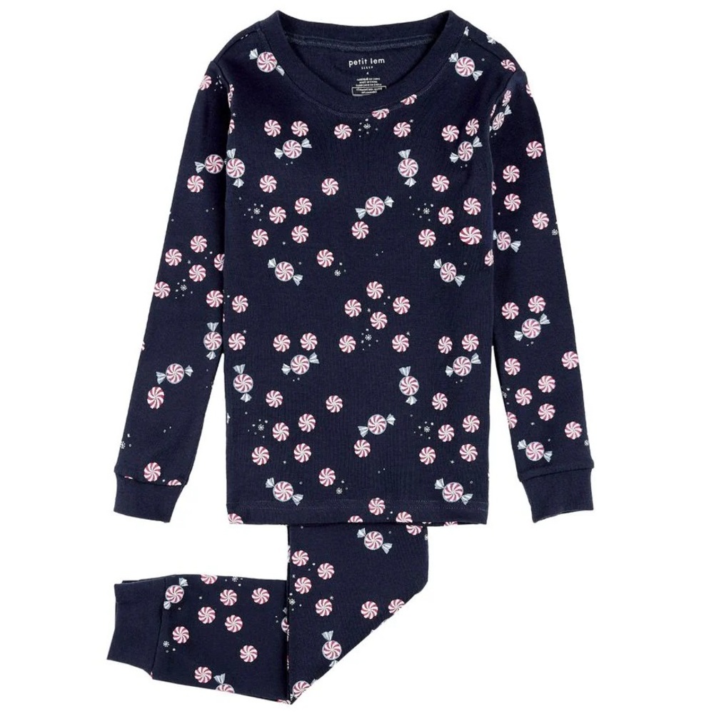 Petit Lem Navy Blue Peppermint Starlight Spiral Holiday Pajama Set NWT